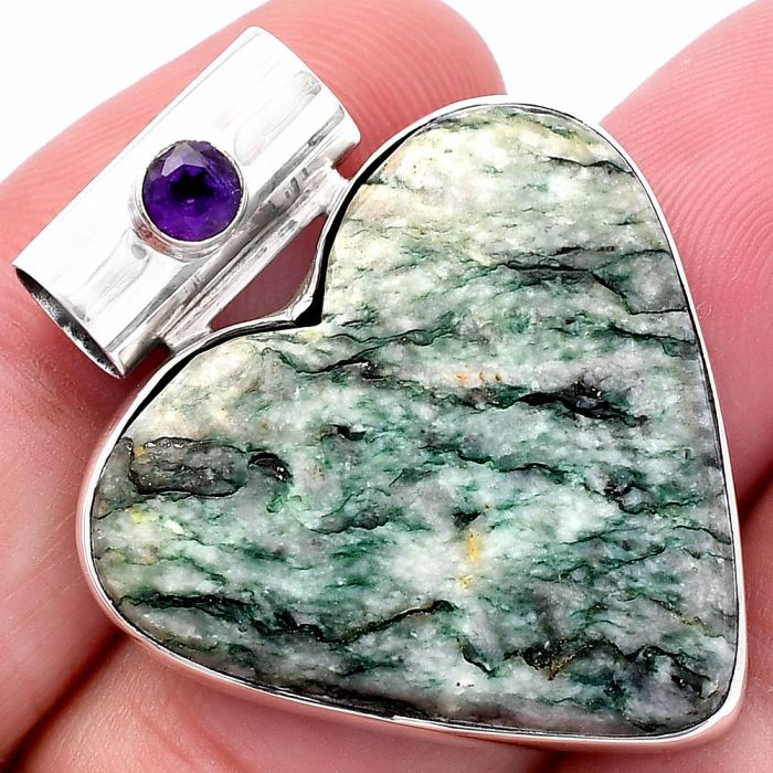 Valentine Gift Heart - Tree Weed Moss Agate and Amethyst Pendant SDP145456 P-1300, 28x29 mm