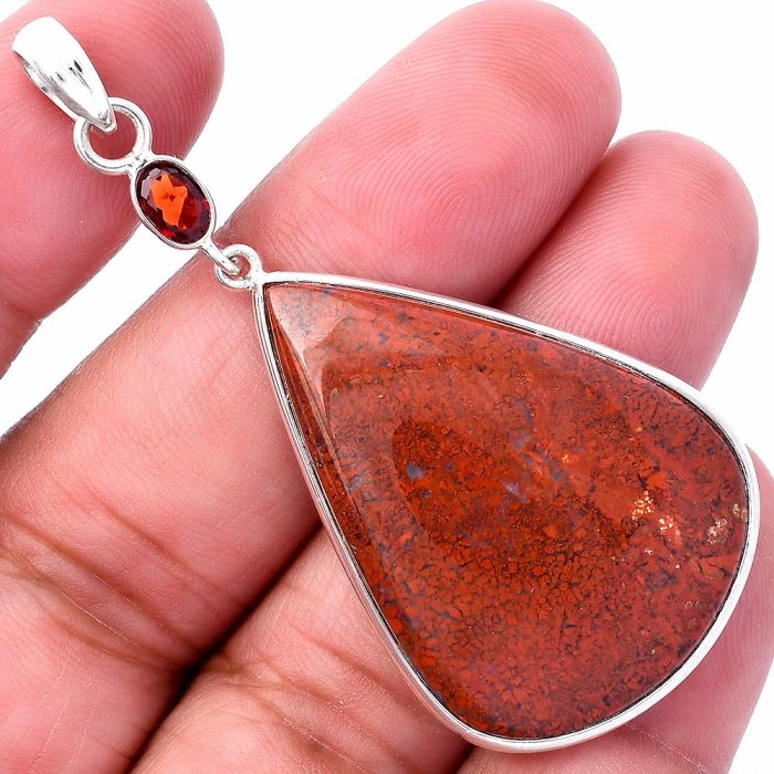 Red Moss Agate and Garnet Pendant SDP145595 P-1098, 26x36 mm