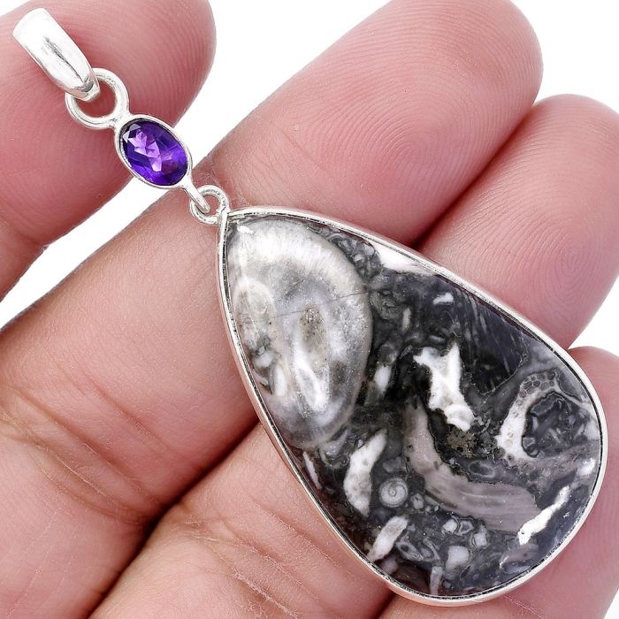 Mexican Cabbing Fossil and Amethyst Pendant SDP145650 P-1098, 22x36 mm