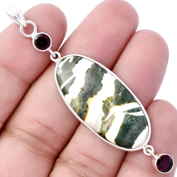 Tree Weed Moss Agate and Garnet Pendant SDP145671 P-1123, 16x35 mm