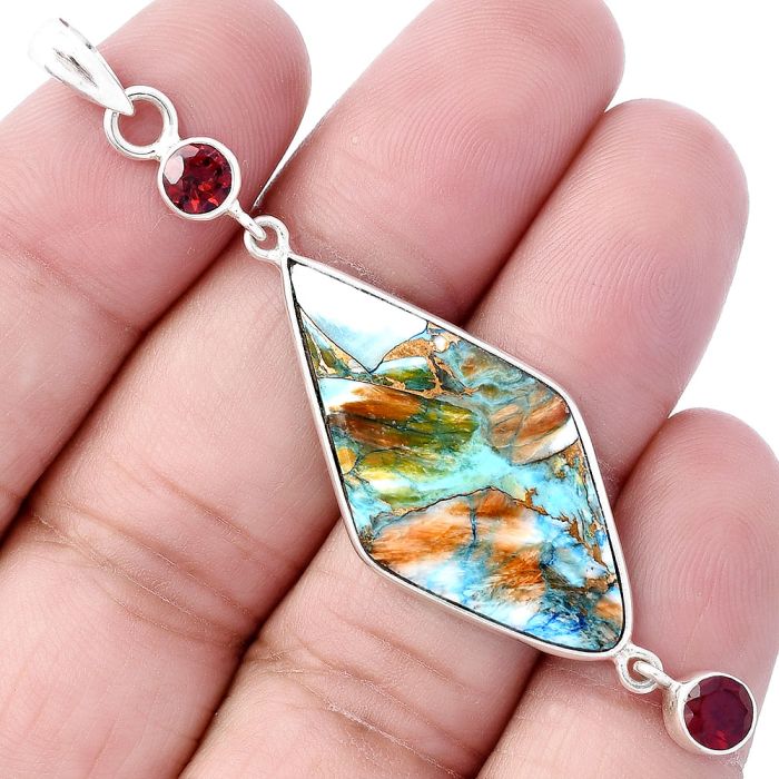 Spiny Oyster Turquoise and Garnet Pendant SDP145694 P-1123, 17x31 mm