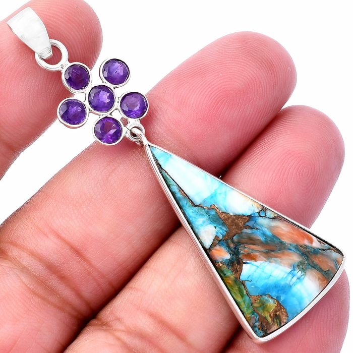 Spiny Oyster Turquoise and Amethyst Pendant SDP145706 P-1122, 18x33 mm