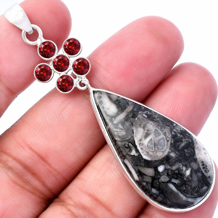 Mexican Cabbing Fossil and Garnet Pendant SDP145710 P-1122, 18x35 mm