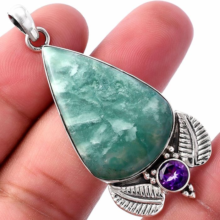 Green Lace Agate and Amethyst Pendant SDP145920 P-1127, 21x32 mm