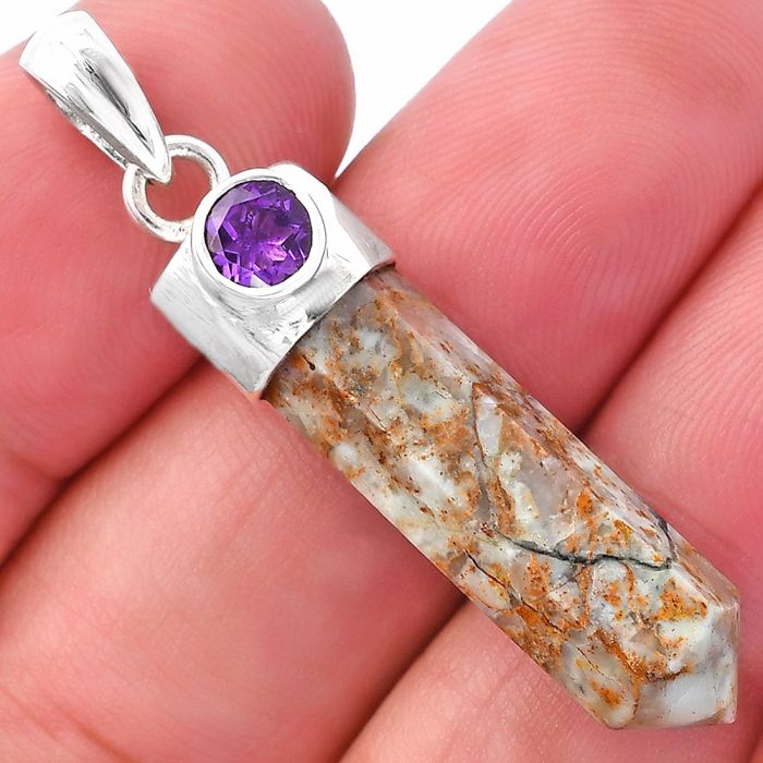 Authentic White Buffalo Turquoise Nevada Point and Amethyst Pendant SDP146197 P-1107, 7x27 mm