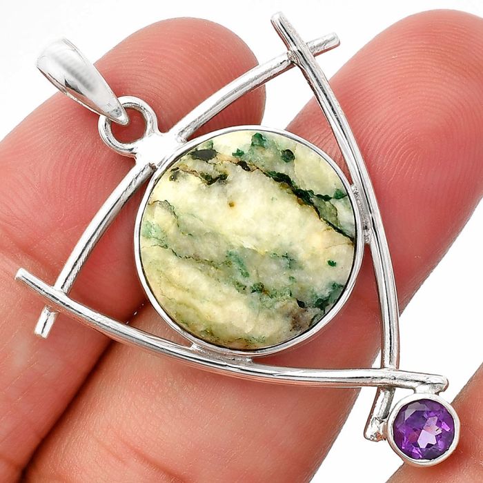 Tree Weed Moss Agate and Amethyst Pendant SDP146772 P-1499, 18x18 mm