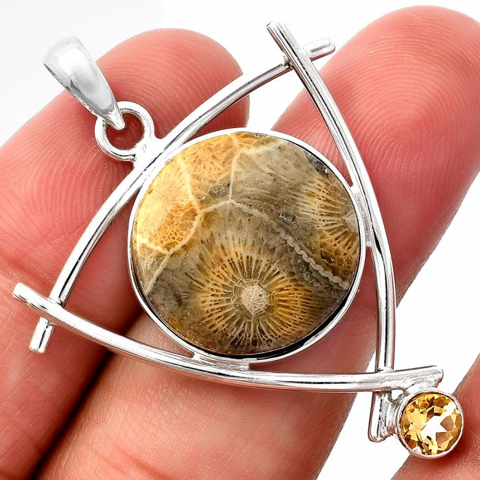 Flower Fossil Coral and Citrine Pendant SDP146779 P-1499, 18x18 mm