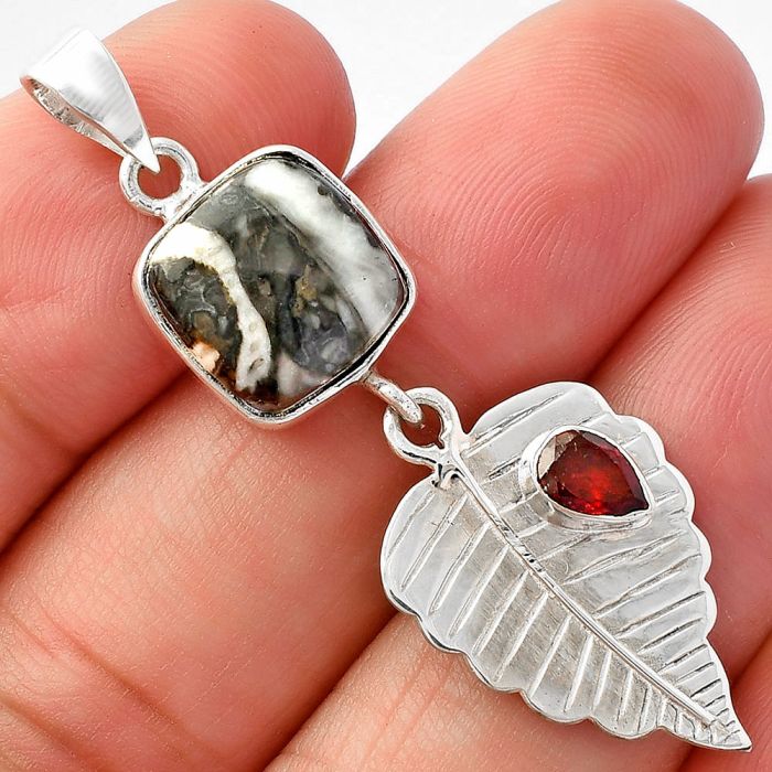 Mexican Cabbing Fossil and Garnet Pendant SDP146793 P-1539, 11x11 mm