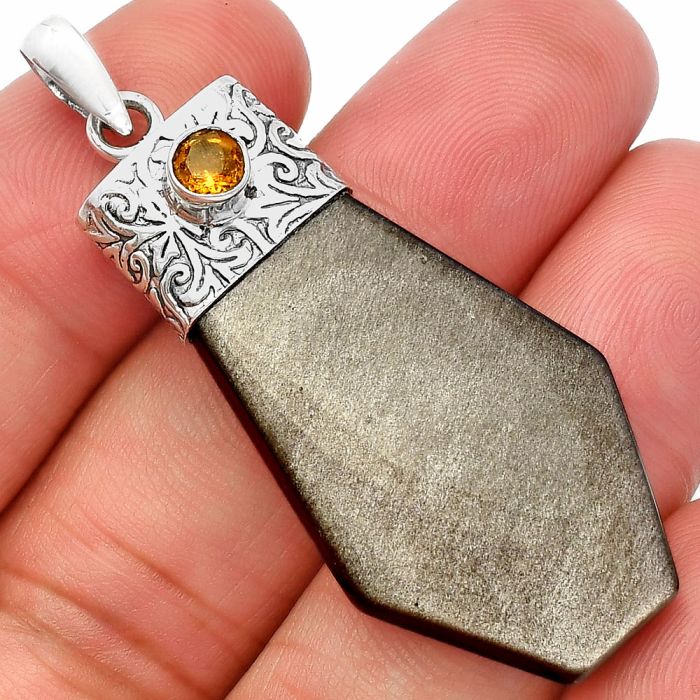 Silver Obsidian and Citrine Pendant SDP147868 P-1331, 21x35 mm
