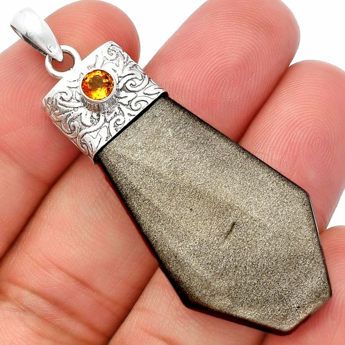 Silver Obsidian and Citrine Pendant SDP147870 P-1331, 21x38 mm