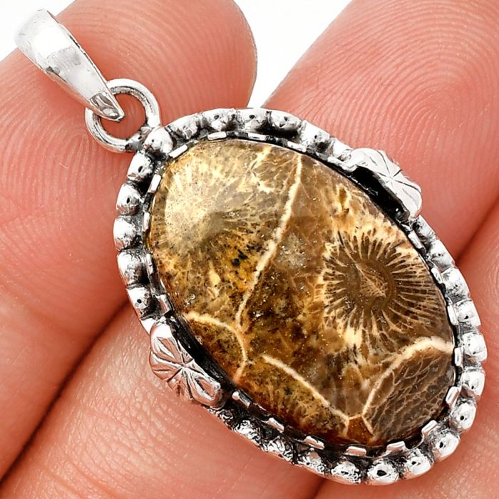 Flower Fossil Coral Pendant SDP147917 P-1730, 15x24 mm