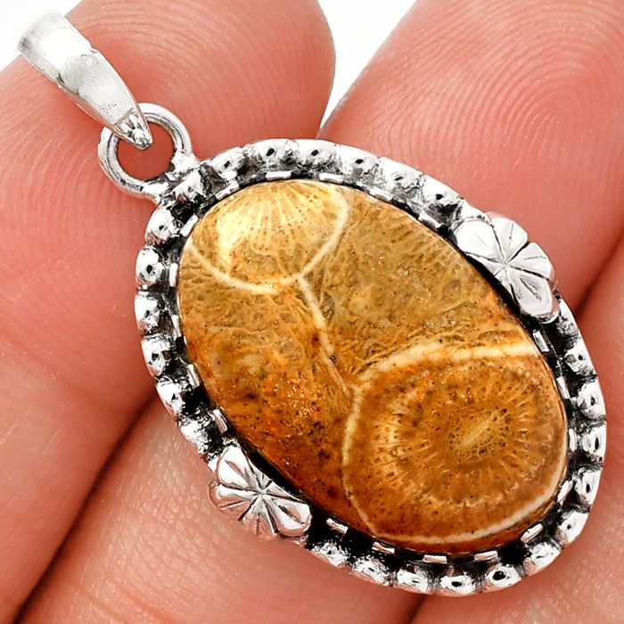 Flower Fossil Coral Pendant SDP147931 P-1730, 14x23 mm