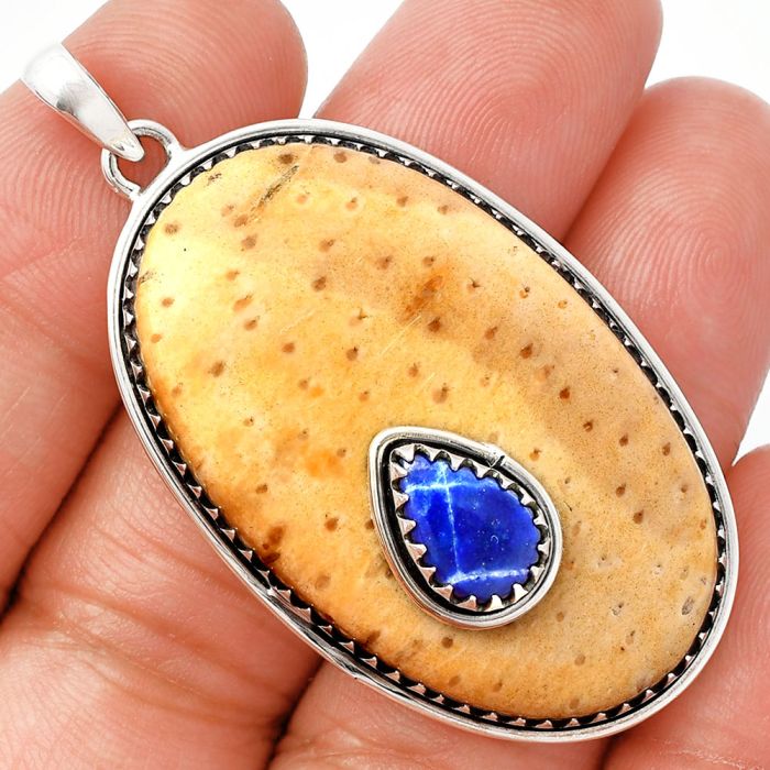 Palm Root Fossil Agate and Sodalite Pendant SDP147988 P-1260, 24x40 mm