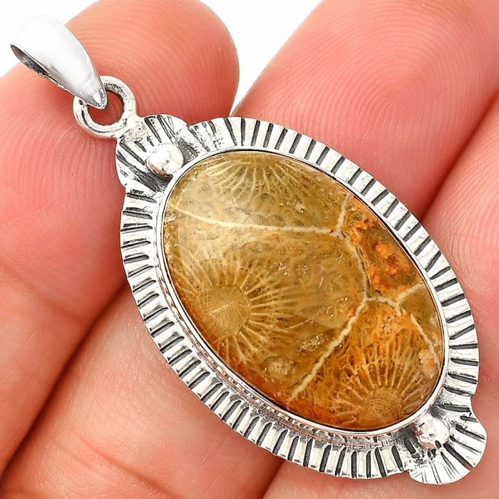 Flower Fossil Coral Pendant SDP148272 P-1732, 15x23 mm