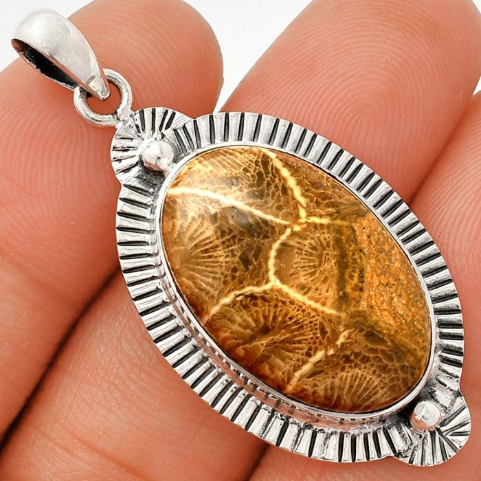 Flower Fossil Coral Pendant SDP148293 P-1732, 15x24 mm