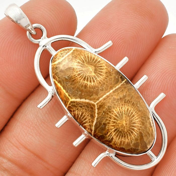 Flower Fossil Coral Pendant SDP148337 P-1271, 15x29 mm