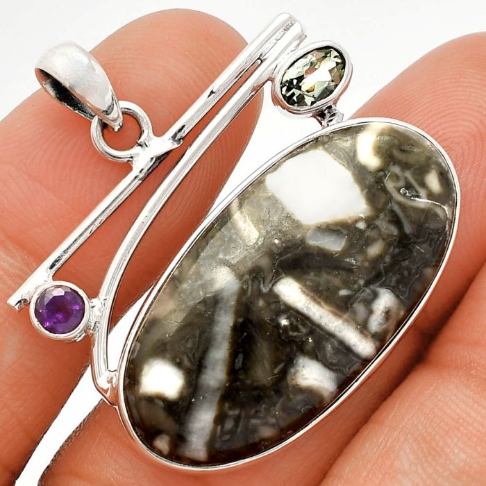 Mexican Cabbing Fossil and Sky Blue Topaz & Amethyst Pendant SDP148387 P-1286, 17x32 mm