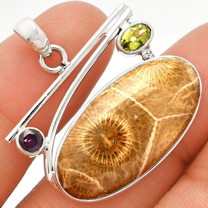 Flower Fossil Coral and Peridot & Amethyst Pendant SDP148396 P-1286, 15x29 mm