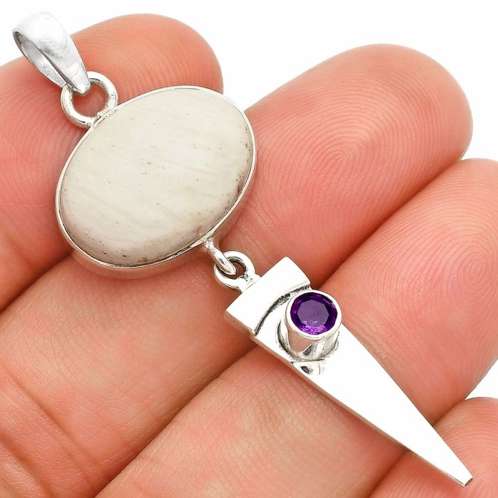 White Scolecite and Amethyst Pendant SDP148509 P-1474, 13x17 mm