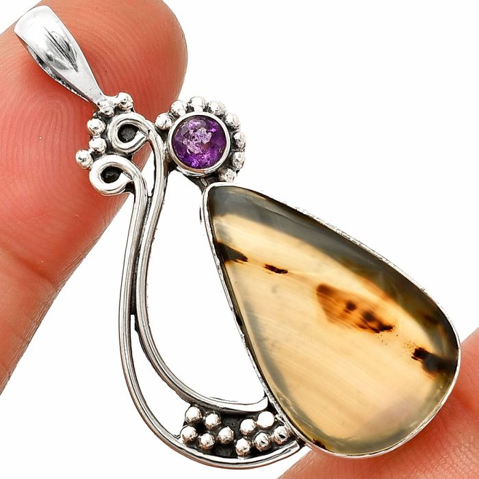 Montana Agate and Amethyst Pendant SDP148744 P-1573, 14x24 mm