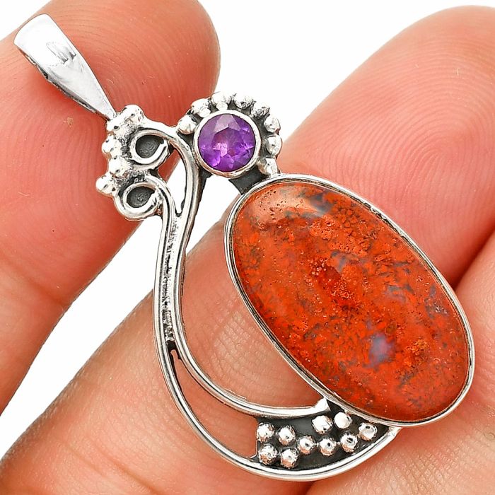 Red Moss Agate and Amethyst Pendant SDP148750 P-1573, 12x20 mm