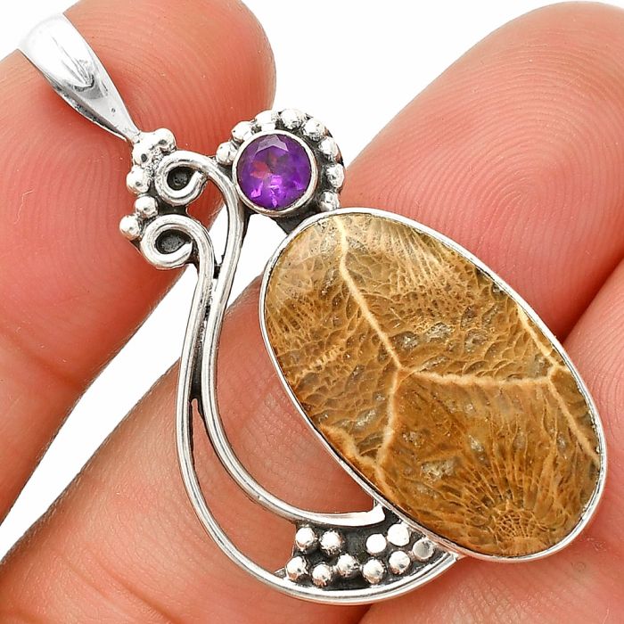 Flower Fossil Coral and Amethyst Pendant SDP148758 P-1573, 13x23 mm