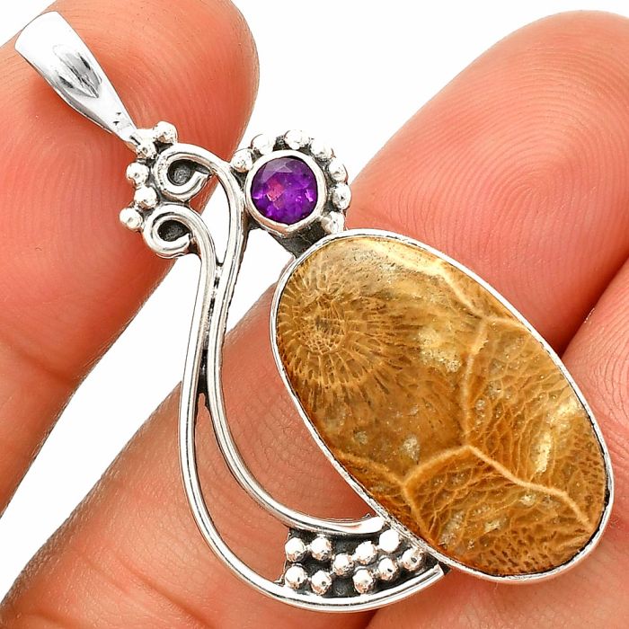 Flower Fossil Coral and Amethyst Pendant SDP148762 P-1573, 13x23 mm