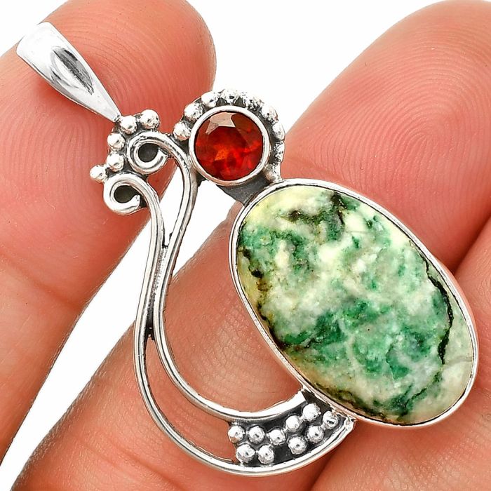 Tree Weed Moss Agate and Garnet Pendant SDP148769 P-1573, 13x20 mm