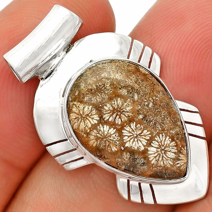 Flower Fossil Coral Pendant SDP148792 P-1598, 12x18 mm