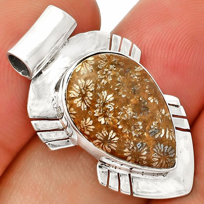 Flower Fossil Coral Pendant SDP148798 P-1598, 12x18 mm