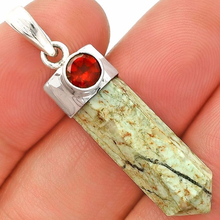 Point - Authentic White Buffalo Turquoise Nevada and Garnet Pendant SDP149074 P-1107, 8x26 mm