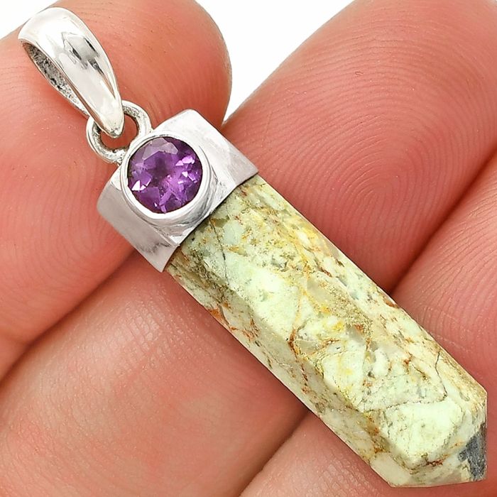 Point - Authentic White Buffalo Turquoise Nevada and Amethyst Pendant SDP149076 P-1107, 8x26 mm