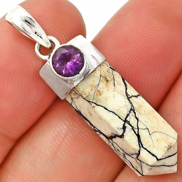 Point - Authentic White Buffalo Turquoise Nevada and Amethyst Pendant SDP149077 P-1107, 8x24 mm