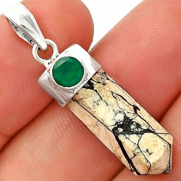 Point - Authentic White Buffalo Turquoise Nevada and Green Onyx Pendant SDP149080 P-1107, 8x22 mm