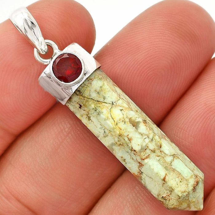 Point - Authentic White Buffalo Turquoise Nevada and Garnet Pendant SDP149083 P-1107, 8x31 mm