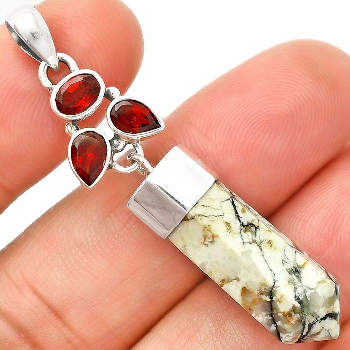 Authentic White Buffalo Turquoise Nevada and Garnet Point Pendant SDP149573 P-1307, 8x24 mm