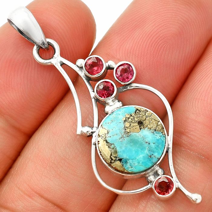 Kingman Turquoise With Pyrite and Garnet Pendant SDP149594 P-1037, 11x11 mm