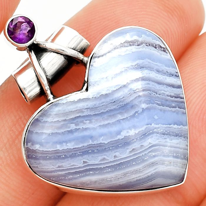 Heart - Blue Lace Agate and Amethyst Pendant SDP149661 P-1159, 23x25 mm