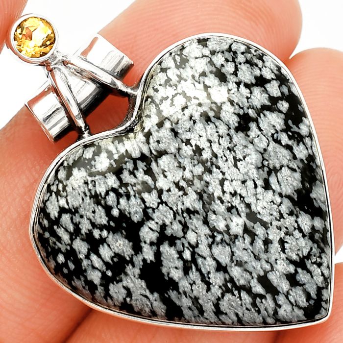 Heart - Snow Flake Obsidian and Citrine Pendant SDP149685 P-1159, 29x29 mm