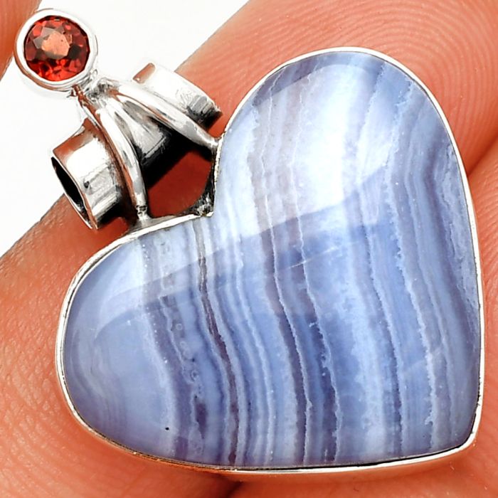Heart - Blue Lace Agate and Garnet Pendant SDP149705 P-1159, 22x25 mm