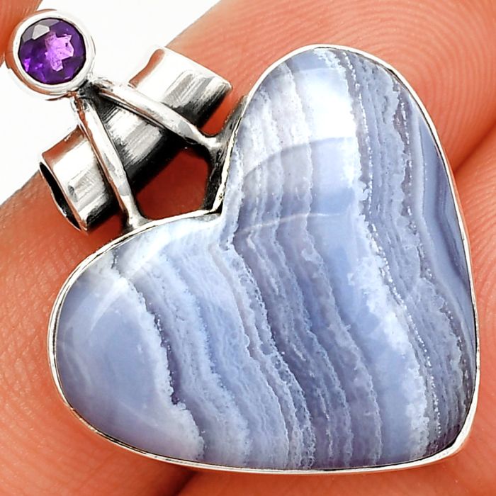 Heart - Blue Lace Agate and Amethyst Pendant SDP149714 P-1159, 22x24 mm
