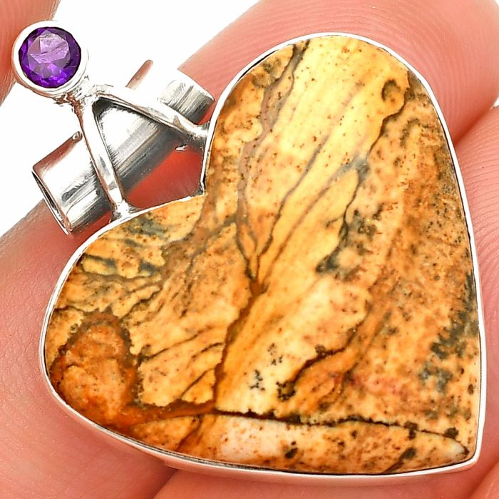 Heart - Picture Jasper and Amethyst Pendant SDP149779 P-1159, 26x28 mm