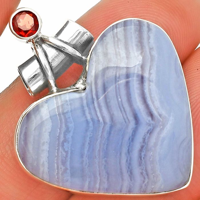 Heart - Blue Lace Agate and Garnet Pendant SDP149787 P-1159, 25x28 mm