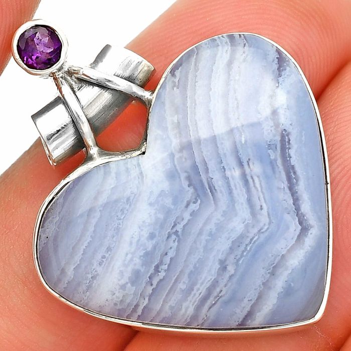Heart - Blue Lace Agate and Amethyst Pendant SDP149805 P-1159, 24x28 mm