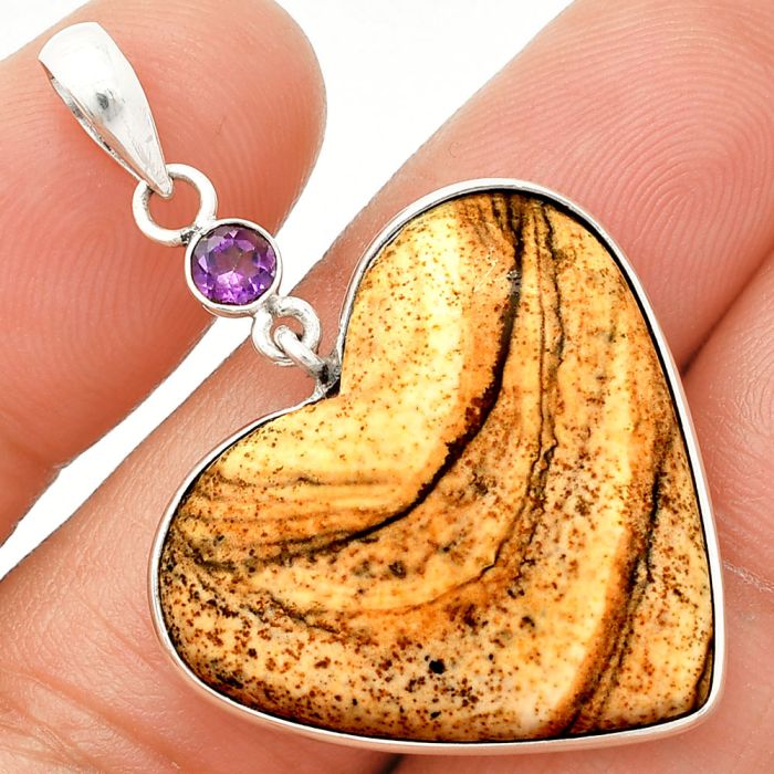 Heart - Picture Jasper and Amethyst Pendant SDP150107 P-1098, 26x27 mm