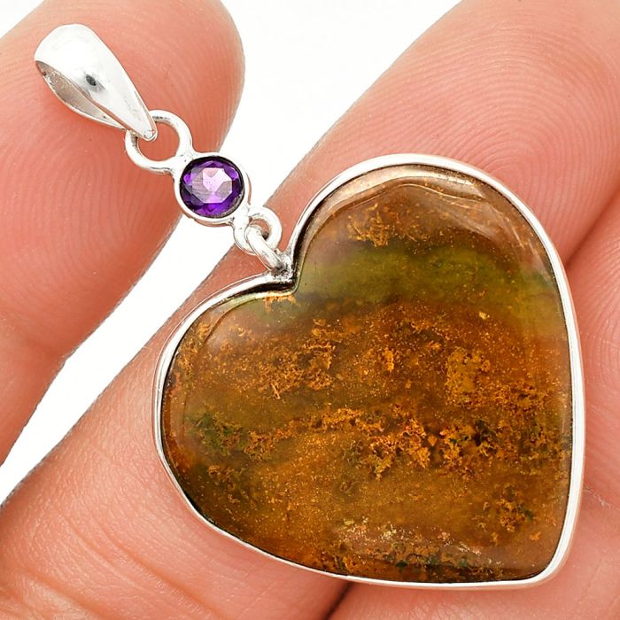 Heart - Texas Moss Agate and Amethyst Pendant SDP150109 P-1098, 26x26 mm