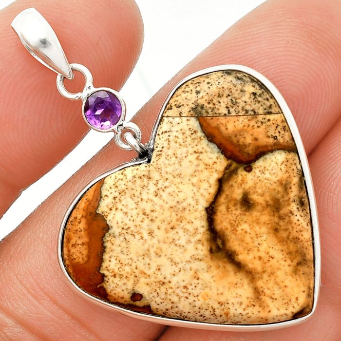 Heart - Picture Jasper and Amethyst Pendant SDP150116 P-1098, 27x29 mm
