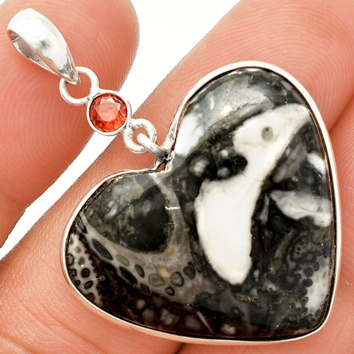 Heart - Mexican Cabbing Fossil and Garnet Pendant SDP150138 P-1098, 27x29 mm