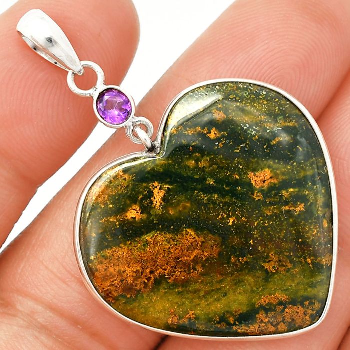 Heart - Texas Moss Agate and Amethyst Pendant SDP150149 P-1098, 29x29 mm