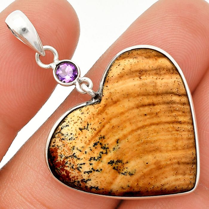 Heart - Picture Jasper and Amethyst Pendant SDP150153 P-1098, 25x28 mm